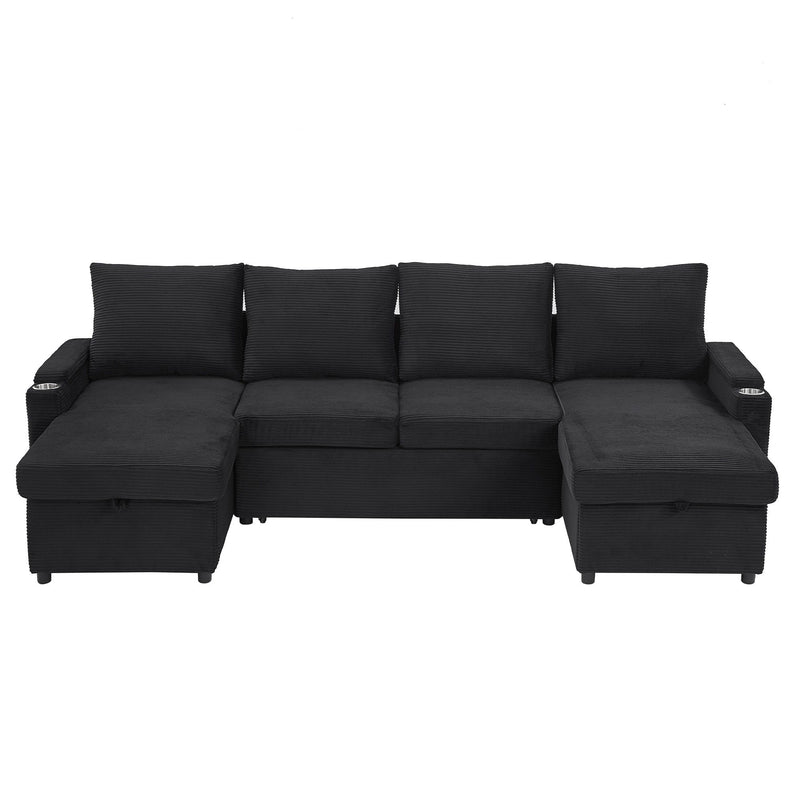U Shaped Sectional Sofa Bed With Storage Chaise Lounges, USB Ports, And Cup Holders