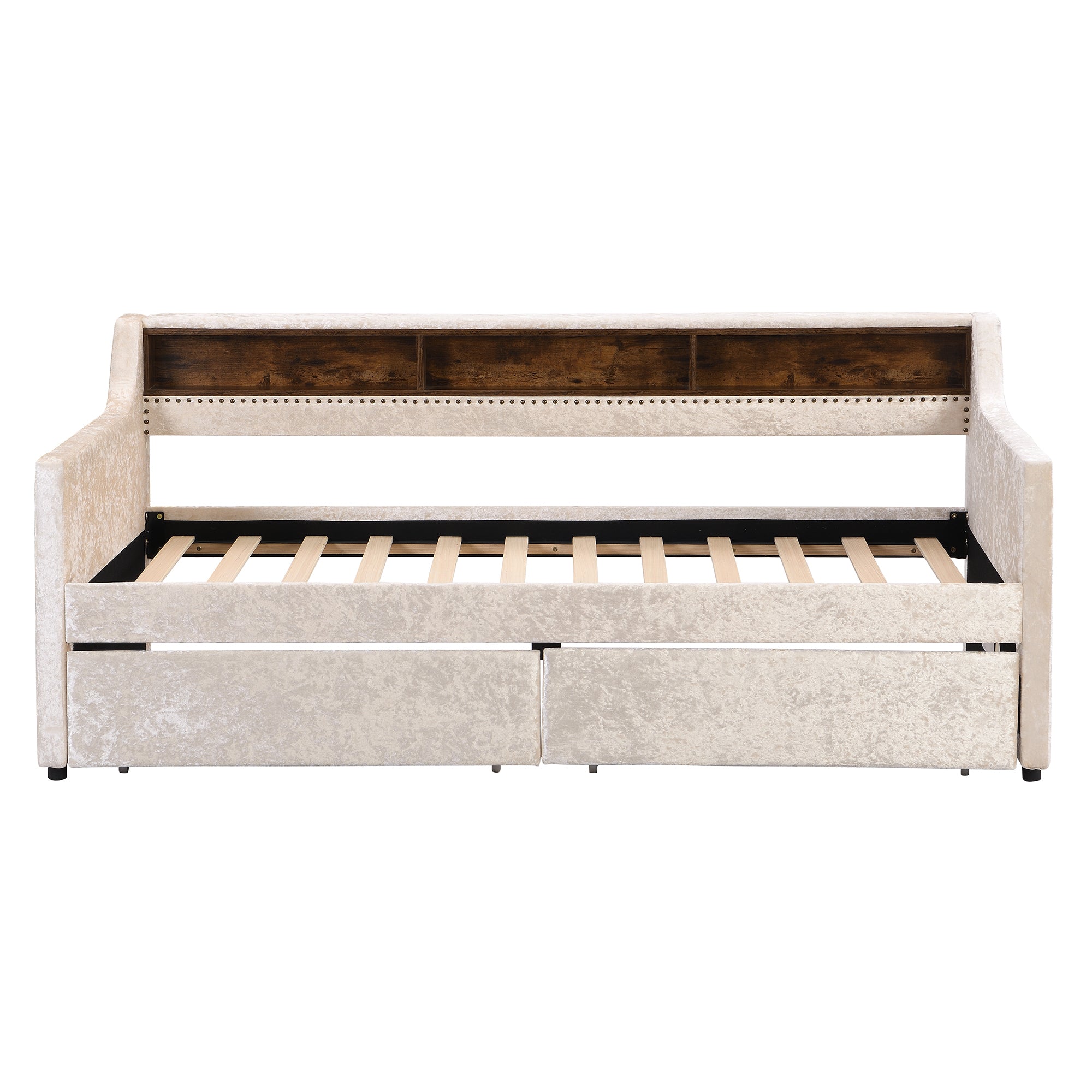 Twin Size Snowflake Velvet Daybed with Two Storage Drawers and Built-in Storage Shelves,Beige - Atlantic Fine Furniture Melbourne FL