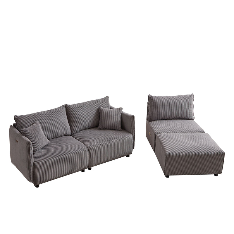 Multi-Module Combination Style Sofa For Living Room, Bedroom And Other Lounge Spaces, Modern Minimalist Corduroy Combination Sofa With 2 Comfort Cushions With USB & C Charging Ports, Two Sets