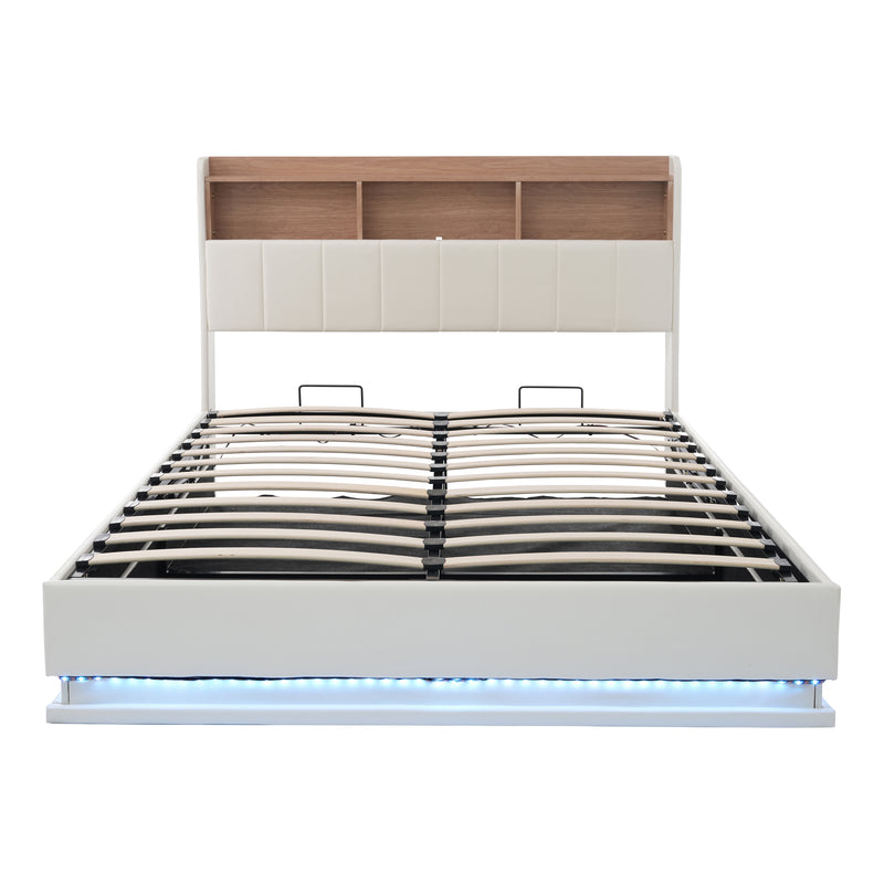 Queen Size  Upholstered Platform Bed with Storage Headboard and Hydraulic Storage System, PU Storage Bed with LED Lights and USB charger, White