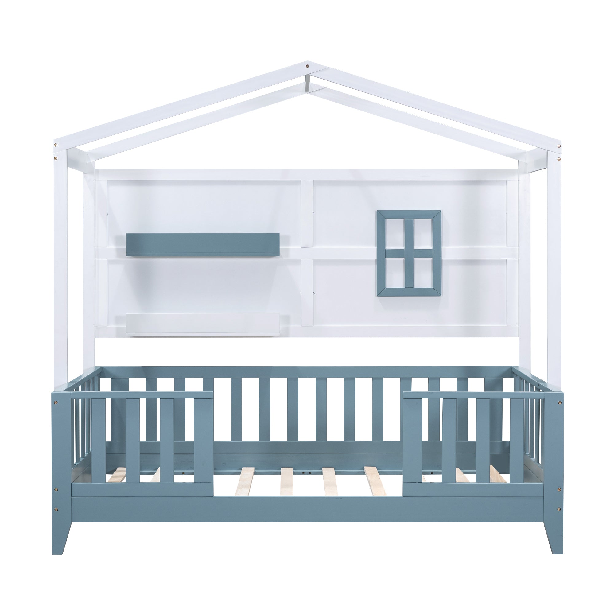 Twin Size Wood House Bed with 2 Shelves and Guardrail, White - Atlantic Fine Furniture Melbourne FL