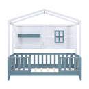 Twin Size Wood House Bed with 2 Shelves and Guardrail, White