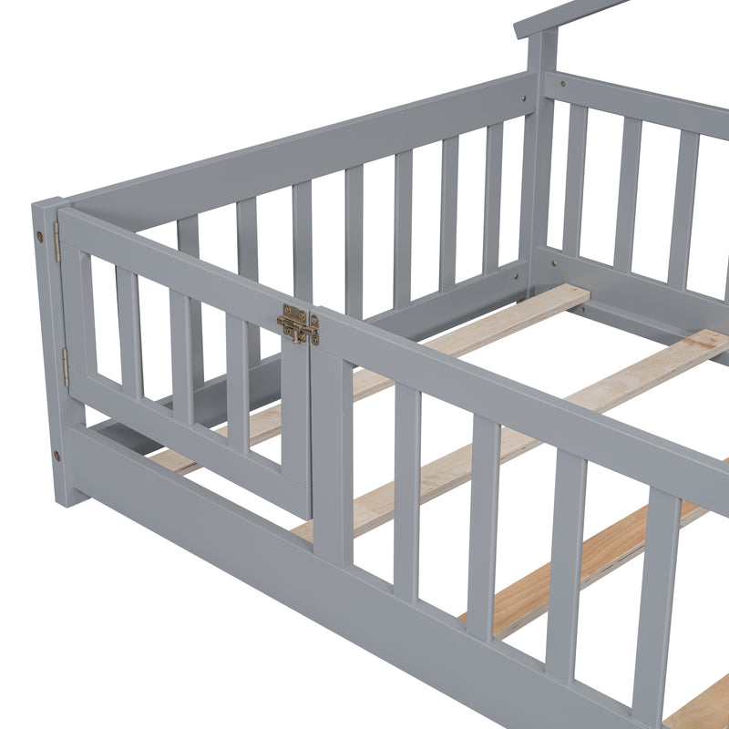 Twin House-Shaped Bedside Floor Bed with Guardrails, Slats, with Door,Grey