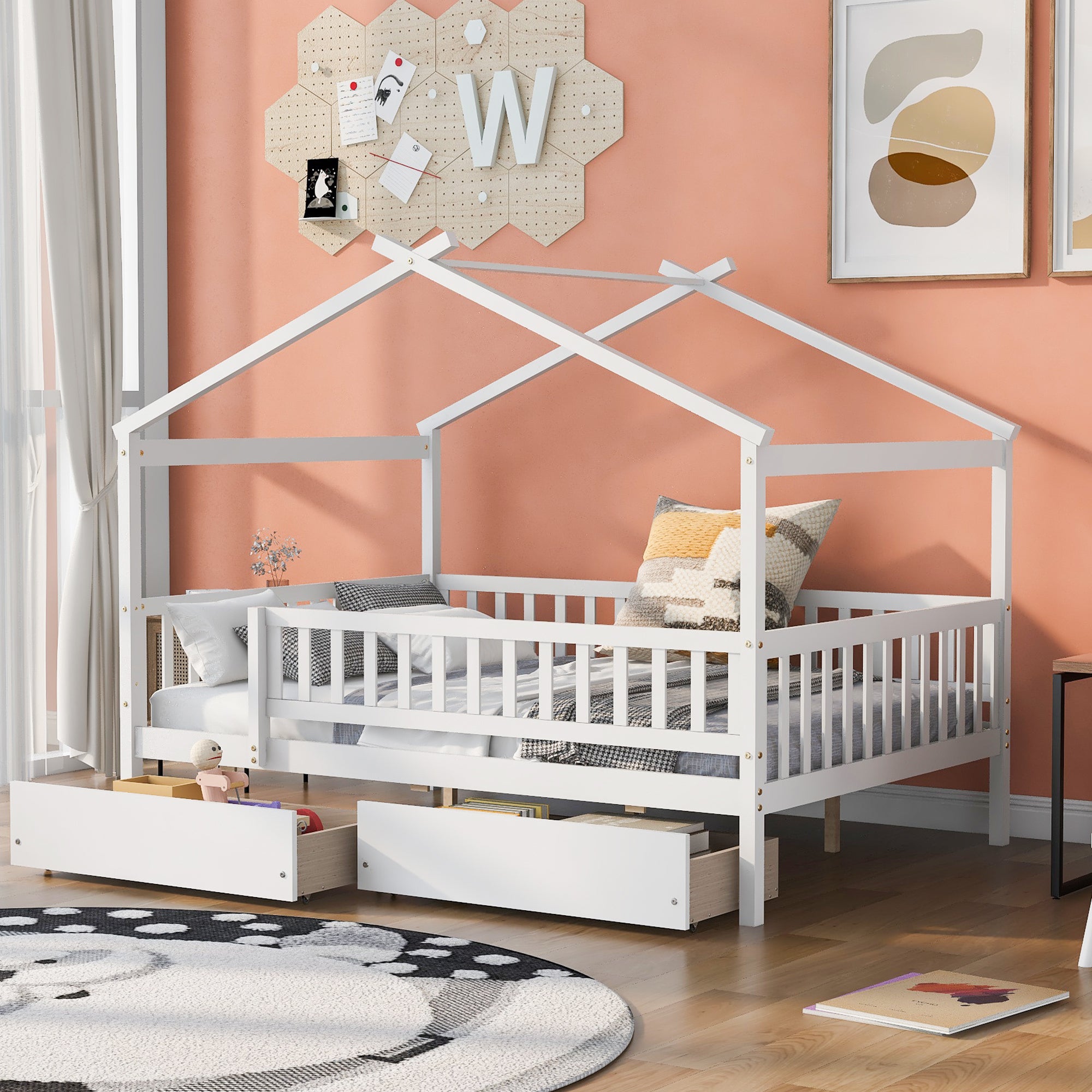 Full Size Wooden House Bed with Two Drawers, White - Atlantic Fine Furniture Melbourne FL