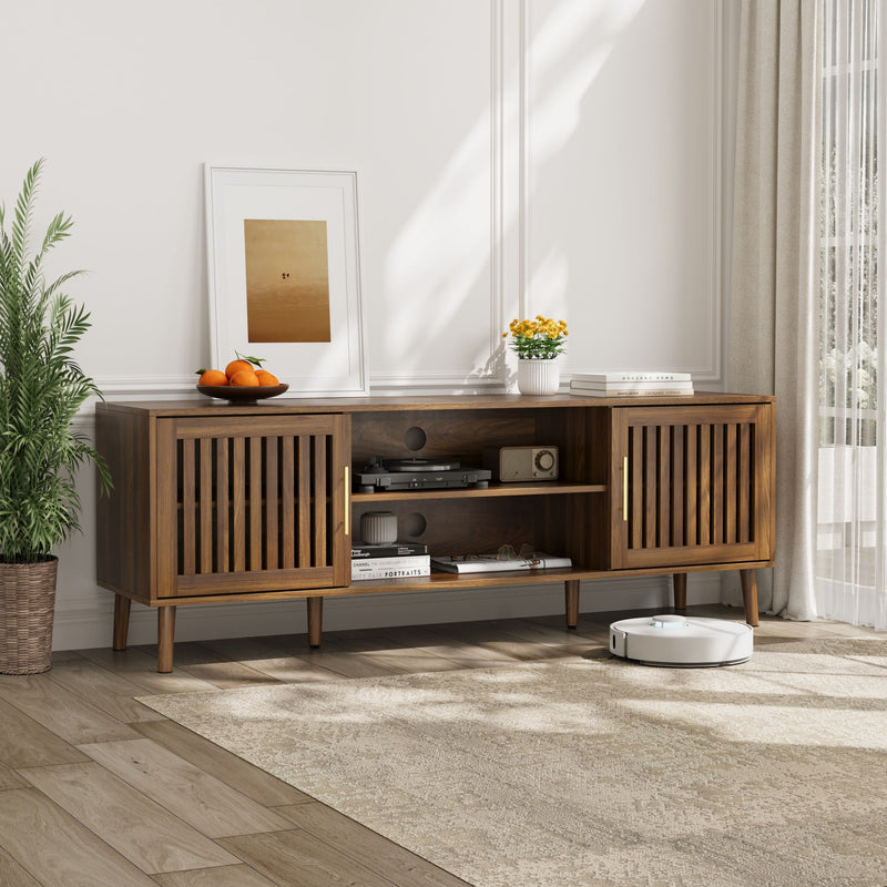 TV Stand With 2 Grille Door Cabinets And Adjustable Storage Rack, Suitable For Medieval Modern TV Cabinets, Entertainment Center With Storage Space - Walnut Wood
