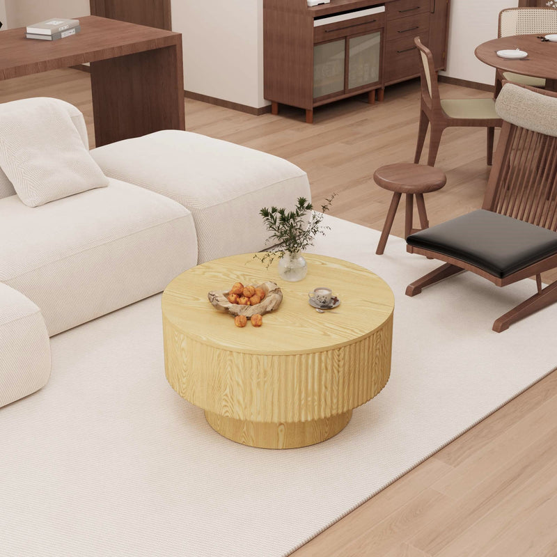Round Coffee Table With 2 Dining Chairs Set, Ring Striped Design - Beige / Wood