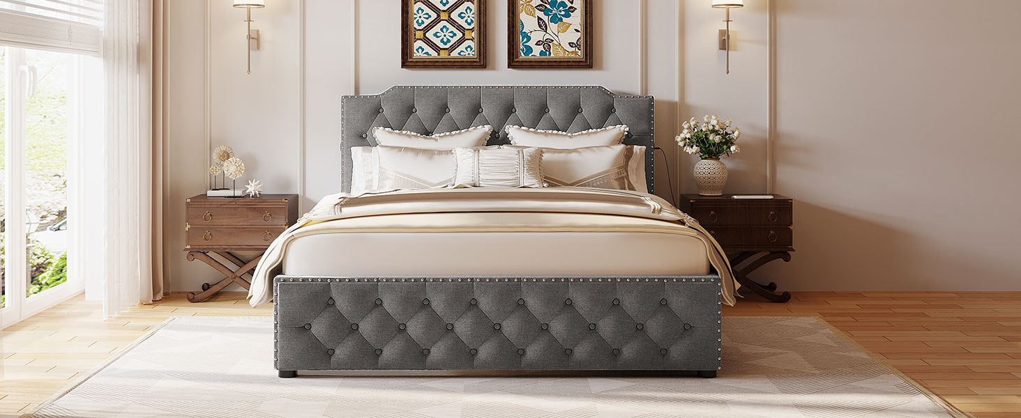 Queen Size Upholstered Platform Bed with 2 Drawers and 2 sets of USB Ports on each side, Linen Fabric, Gray - Atlantic Fine Furniture Melbourne FL