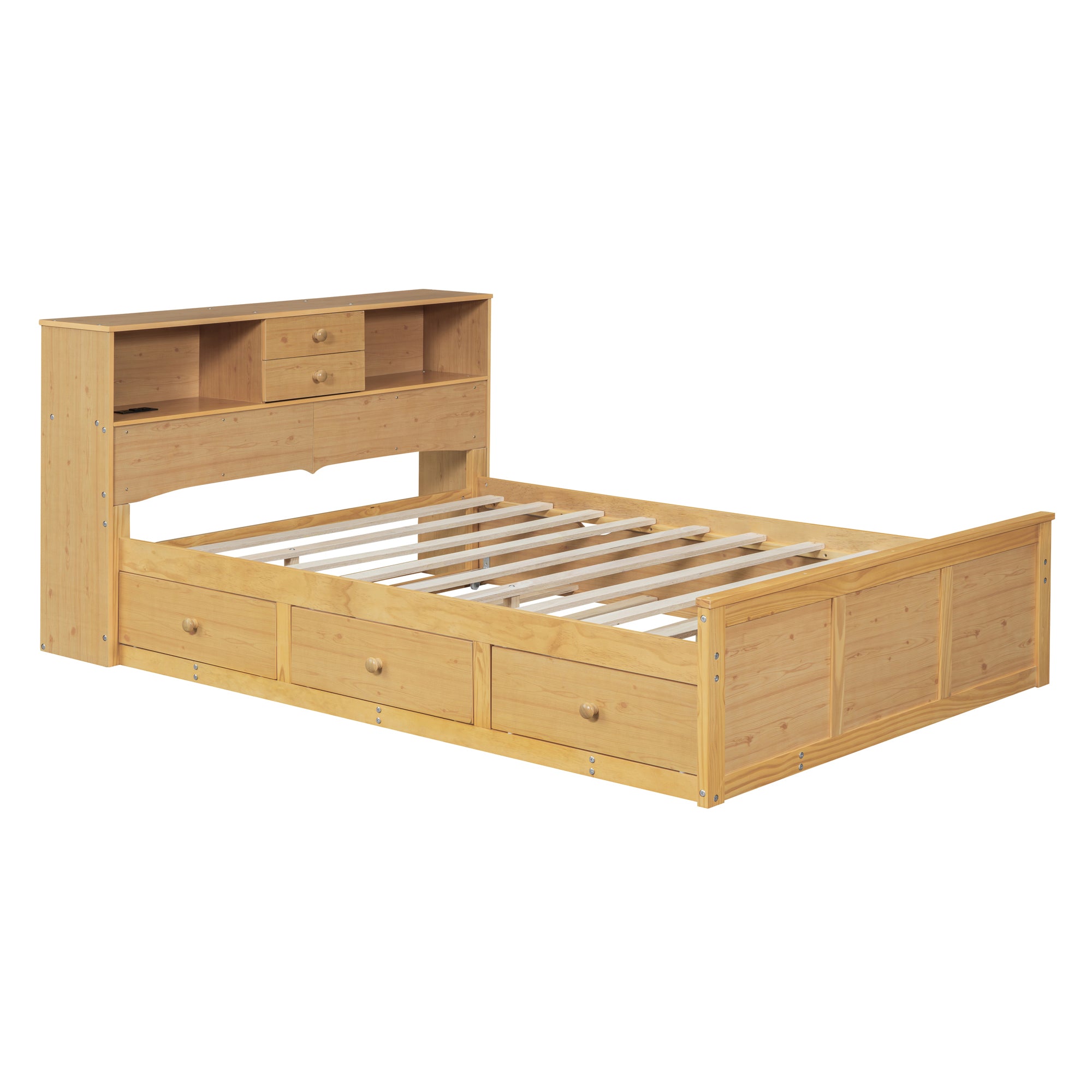 Full Size Wood Pltaform Bed with Twin Size Trundle, 3 Drawers, Upper Shelves and a set of USB Ports & Sockets, Natural - Atlantic Fine Furniture Melbourne FL