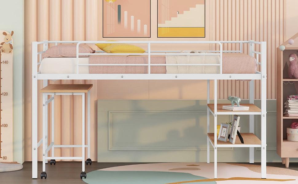 Twin Size Metal Loft Bed with Desk and Shelves,White - Atlantic Fine Furniture Melbourne FL