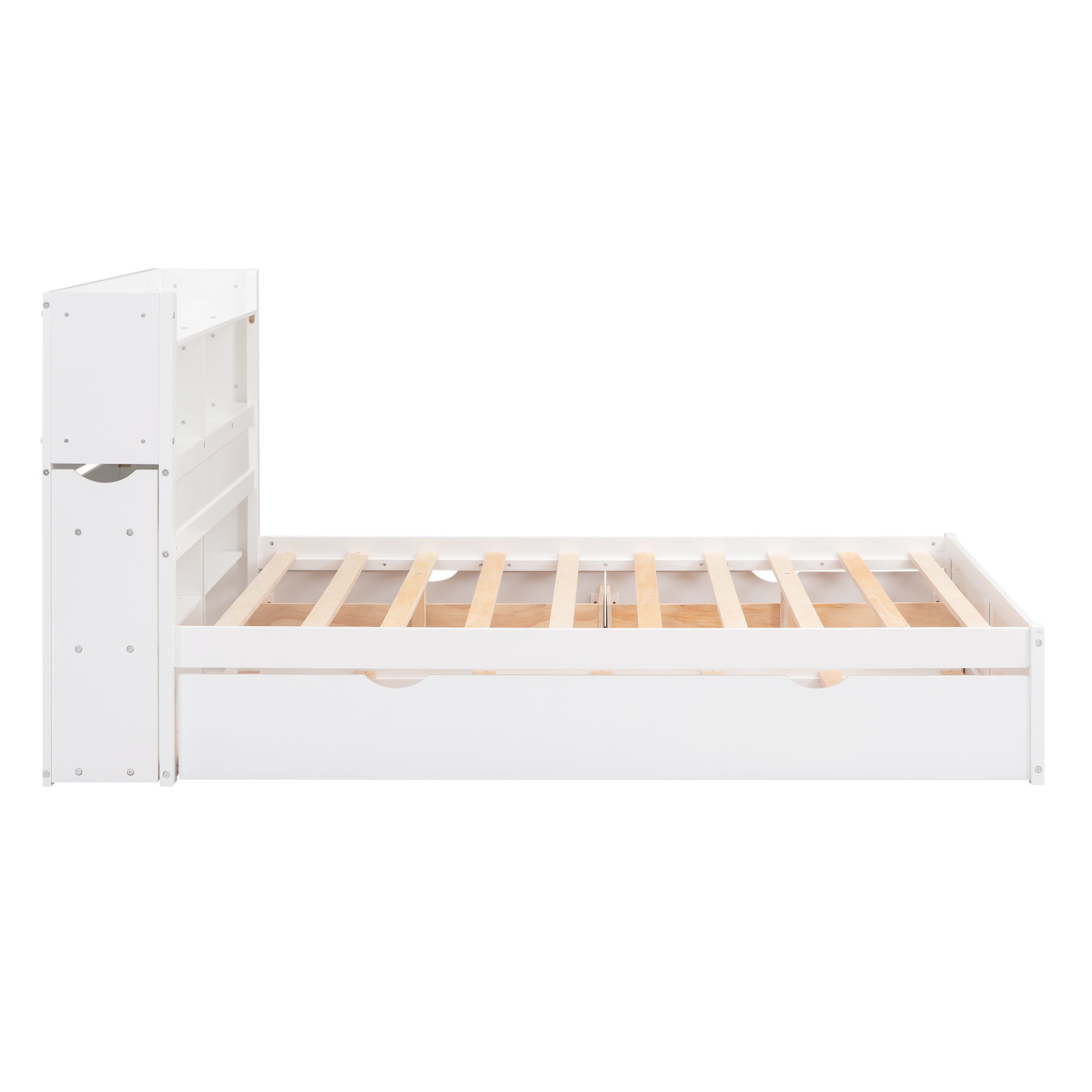 Full Size Storage Platform Bed with Pull Out Shelves, Twin Size Trundle and 2 Drawers, White - Atlantic Fine Furniture Melbourne FL