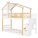 Stairway Twin-Over-Twin Bunk Bed,House Bed,Storage and Guard Rail,Natural Bed +White Stair(OLD SKU :LT000308AAK)