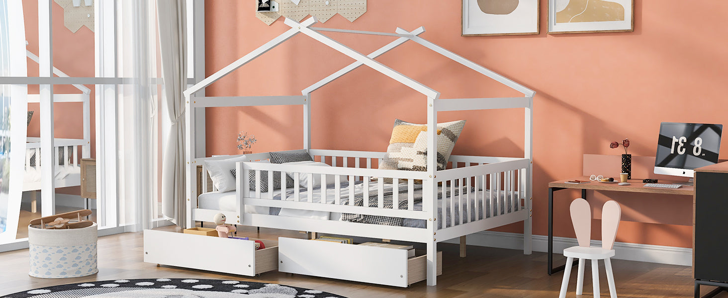 Full Size Wooden House Bed with Two Drawers, White - Atlantic Fine Furniture Melbourne FL