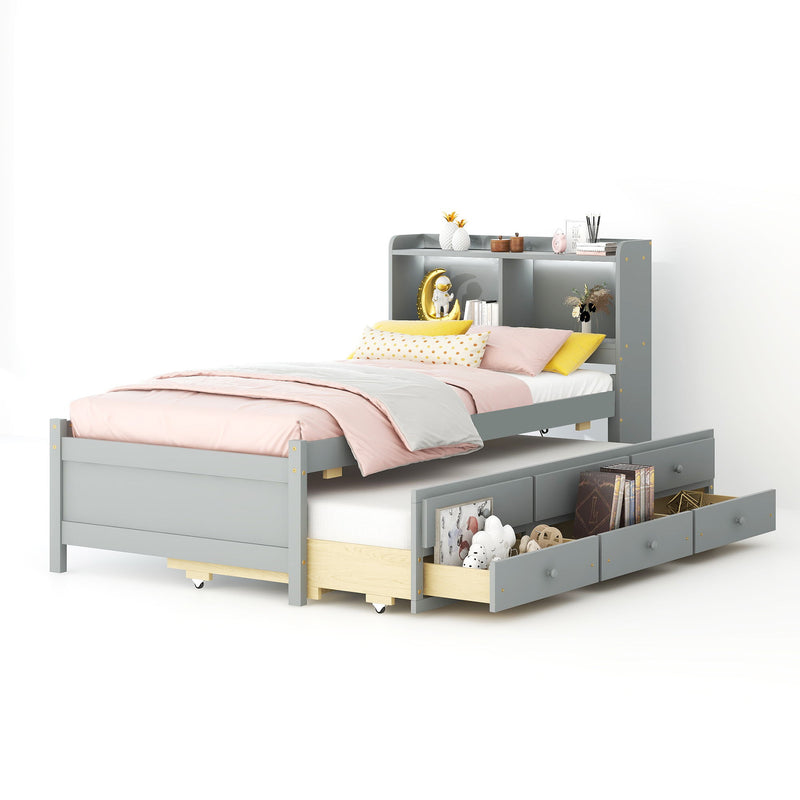 Bed With Built-In USB, Type-C Ports, LED Light, Bookcase Headboard, Trundle And 3 Storage Drawers, Bed With Bookcase Headboard, Trundle And Storage Drawers - Espresso