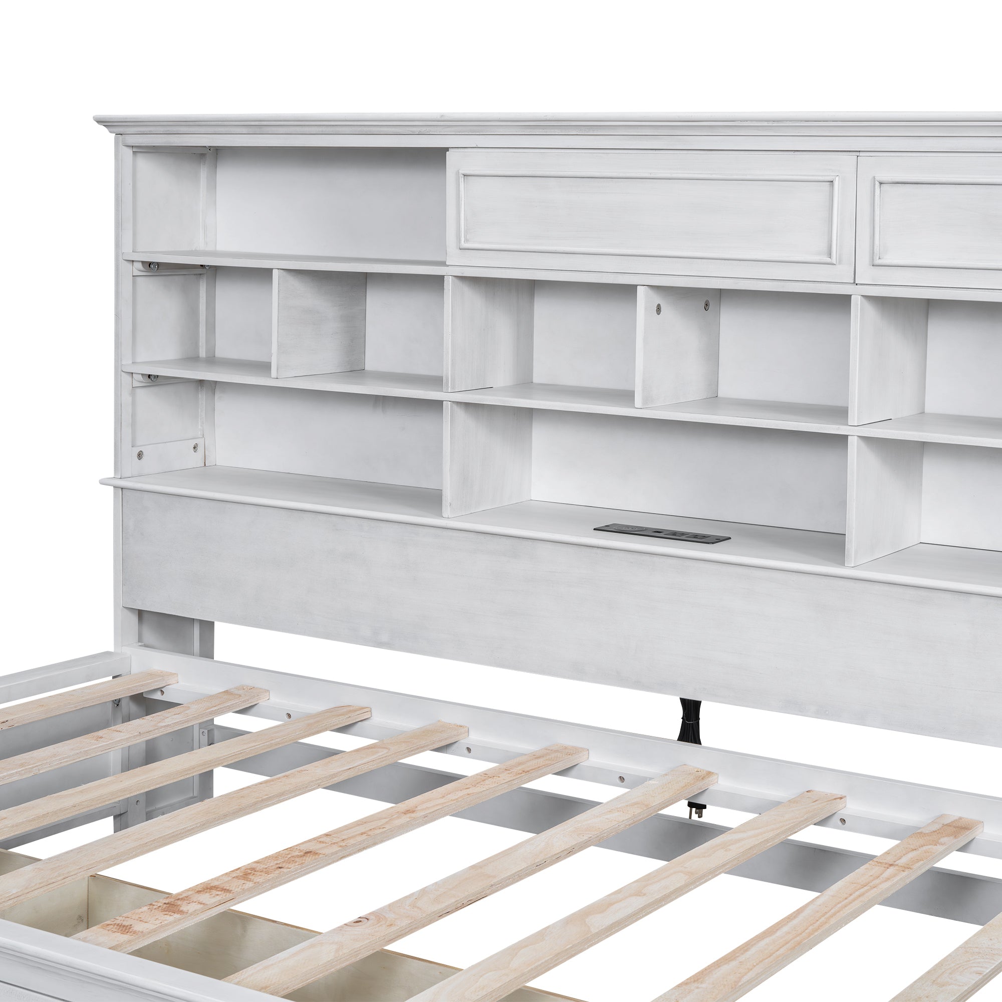 Twin Size Wood Daybed with Multi-Storage Shelves, Charging Station and 3 Drawers, Antique White - Atlantic Fine Furniture Melbourne FL