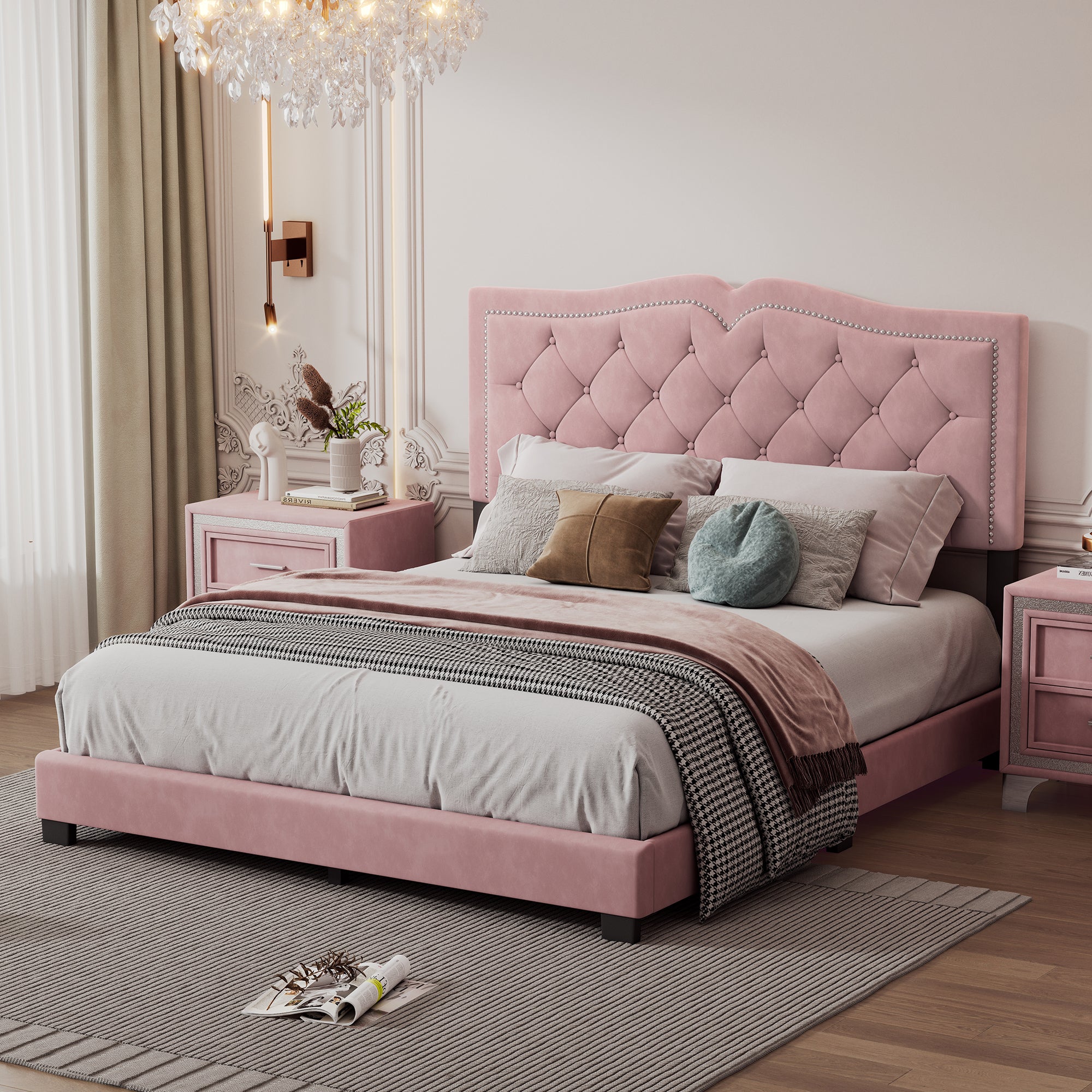 Queen Size Upholstered Bed Frame with Rivet Design, Modern Velvet Platform Bed with Tufted Headboard,Pink - Atlantic Fine Furniture Melbourne FL