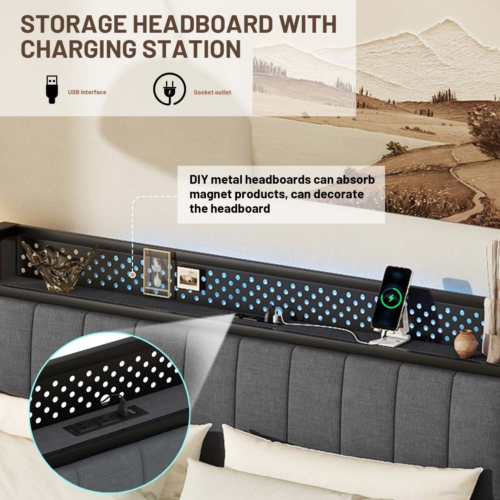 Queen Bed Frame with LED Headboard, Upholstered Bed with 4 Storage Drawers and USB Ports, Dark Grey - Atlantic Fine Furniture Melbourne FL
