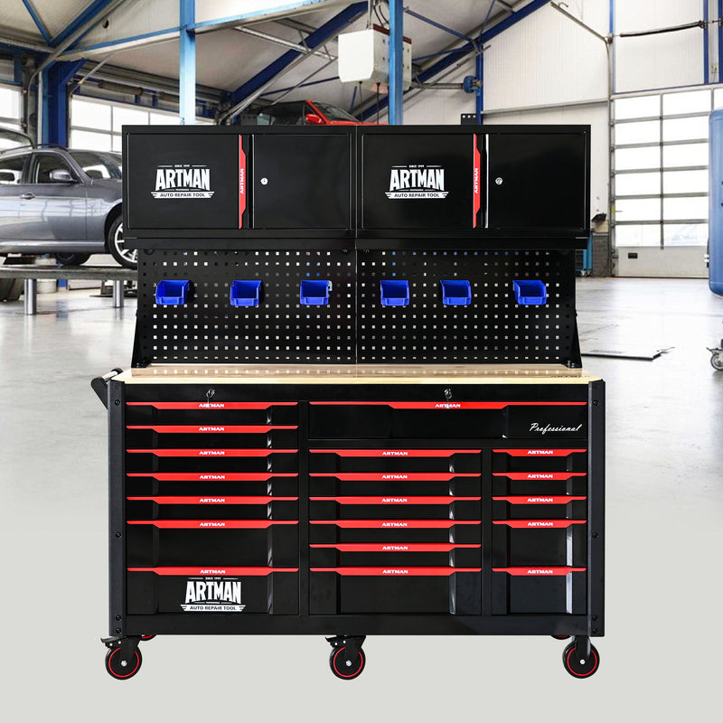 Heavy Duty Tool Cart With 19 Drawers, Tools Not Included, Mobile Storage For Workshop Or Laboratory - Black / Red