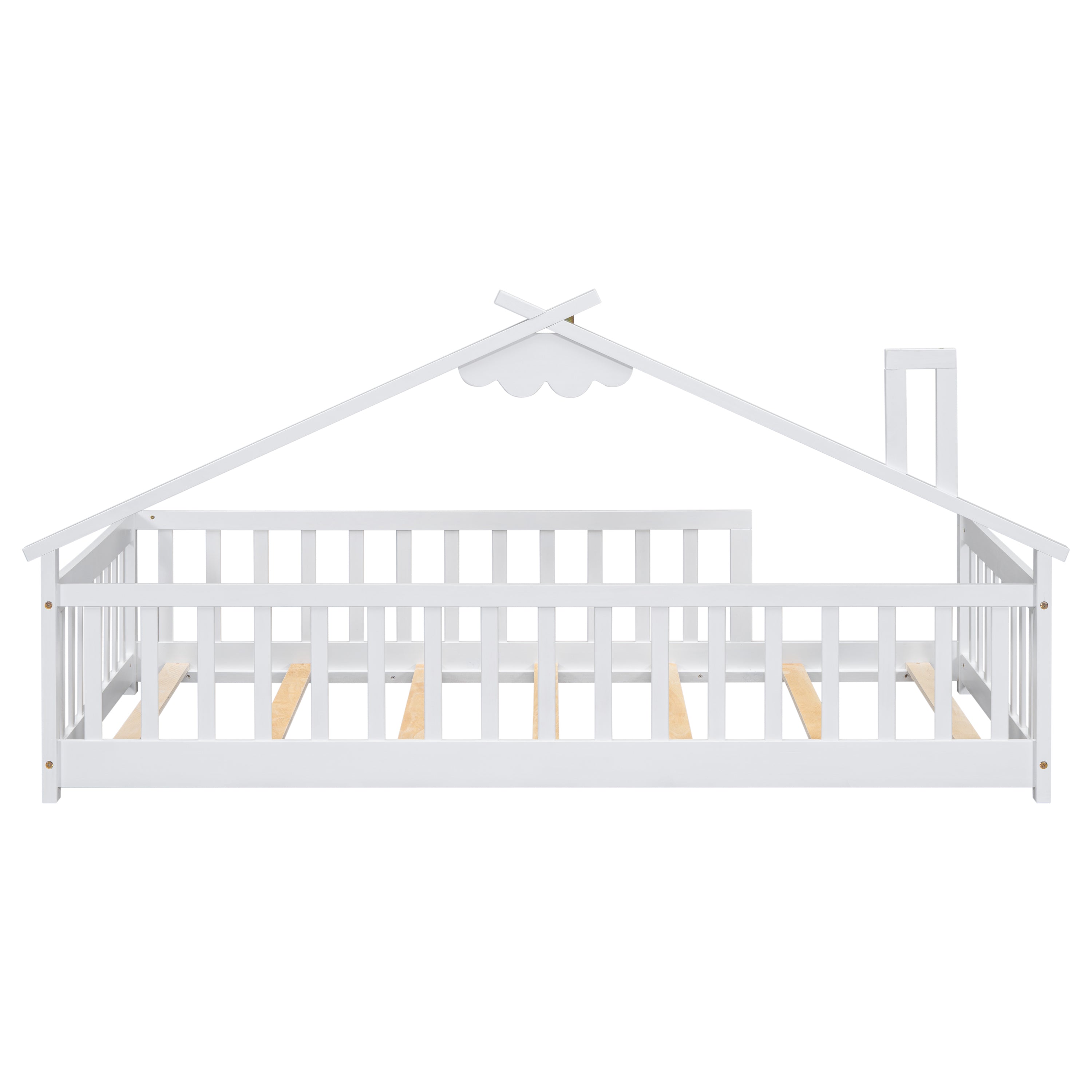 Twin House-Shaped Bedside Floor Bed with Guardrails, Slats, without Door,White