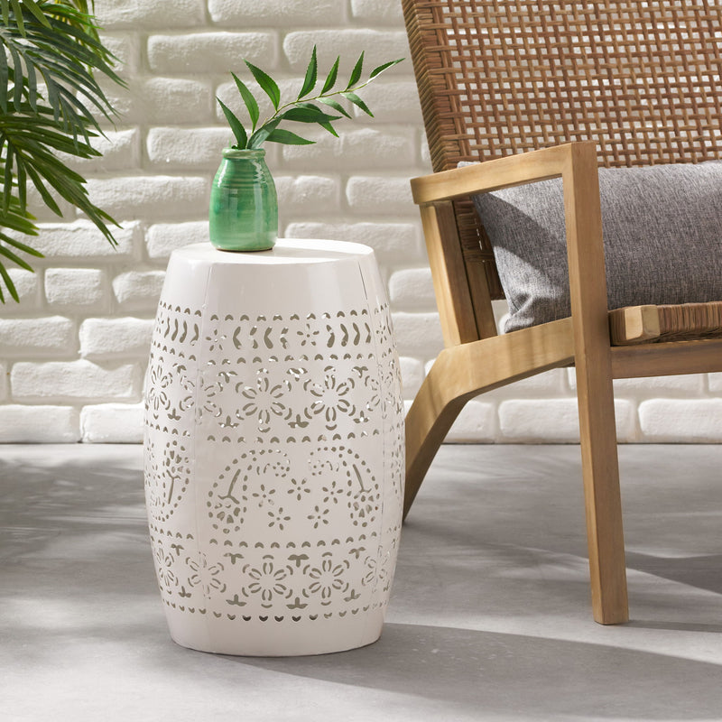Transitional Ruby - Side Table With Lace Cut Design - White