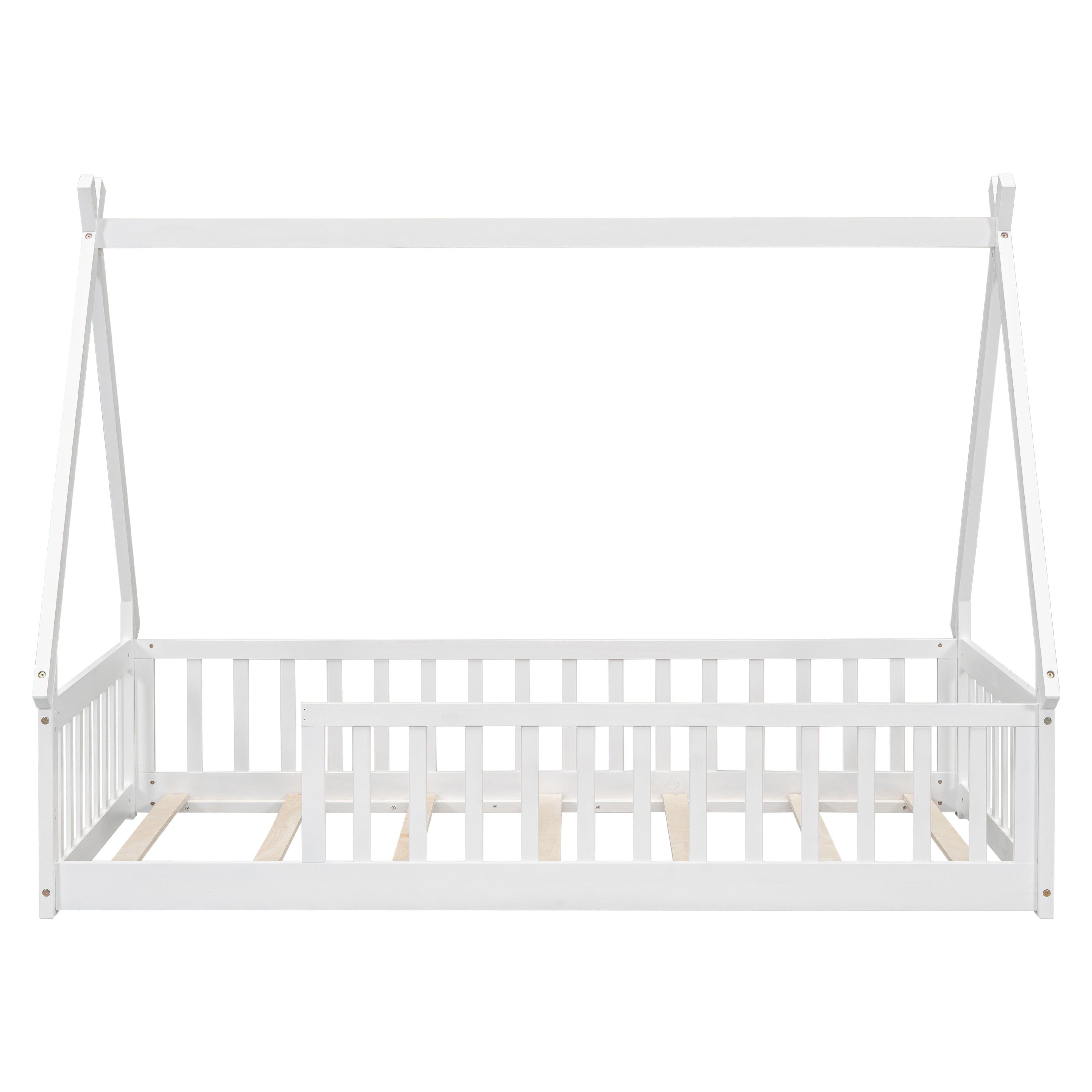 Twin Tent-shaped Floor Bed, Teepee Bed with Guardrails, Slats,White