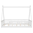 Twin Tent-shaped Floor Bed, Teepee Bed with Guardrails, Slats,White