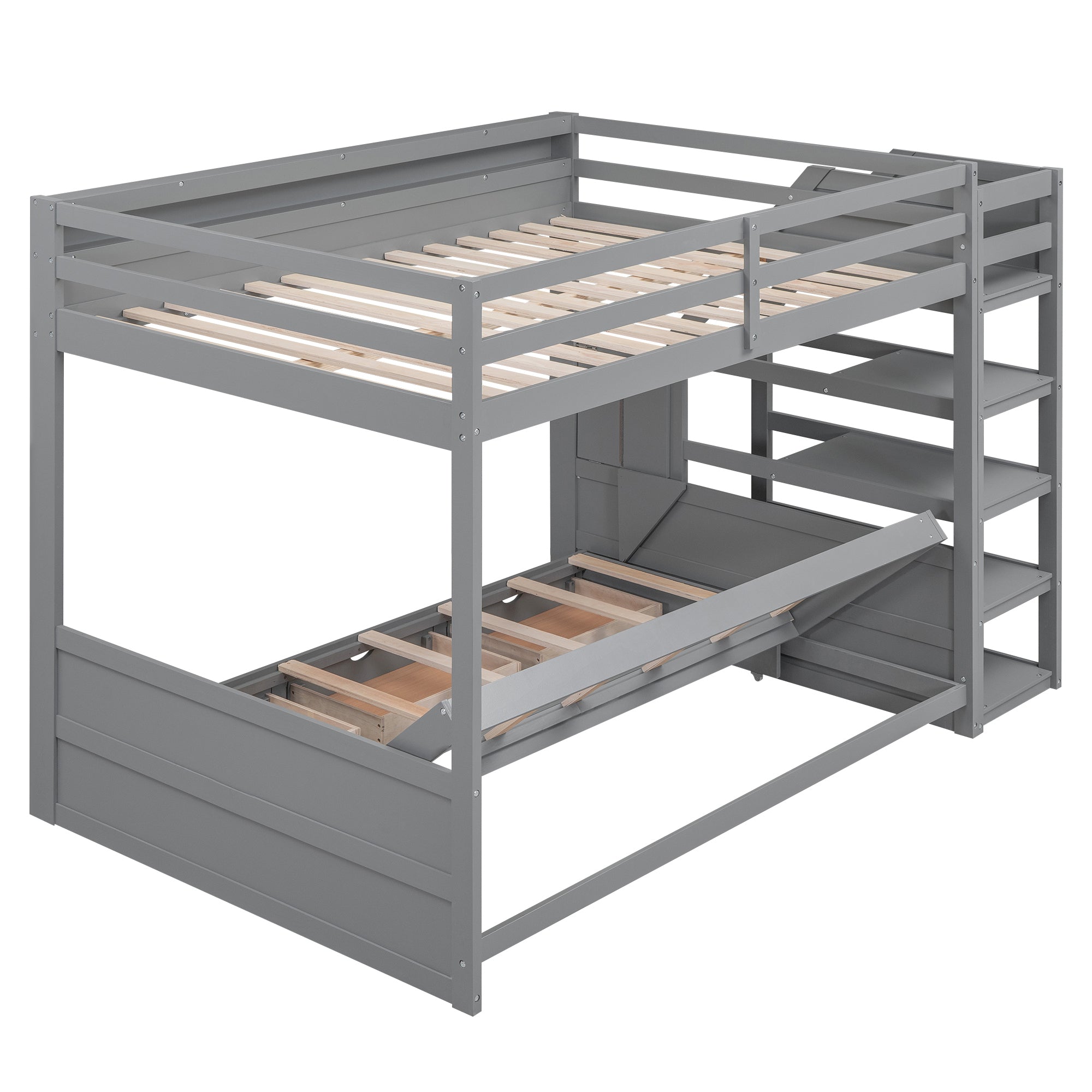Wood Full Size Convertible Bunk Bed with Storage Staircase, Bedside Table, and 3 Drawers, Gray - Atlantic Fine Furniture Melbourne FL