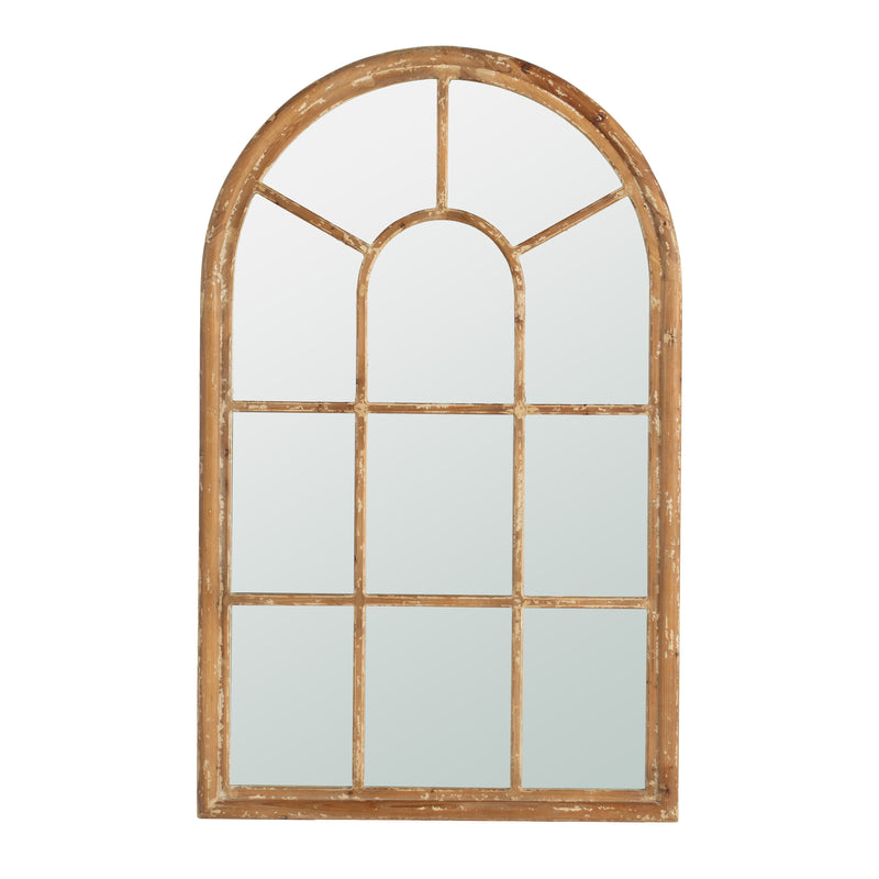 Large Arched Accent Mirror With Frame With Decorative Window Look Classic Architecture Style Solid Fir Wood Interior Decor - Brown