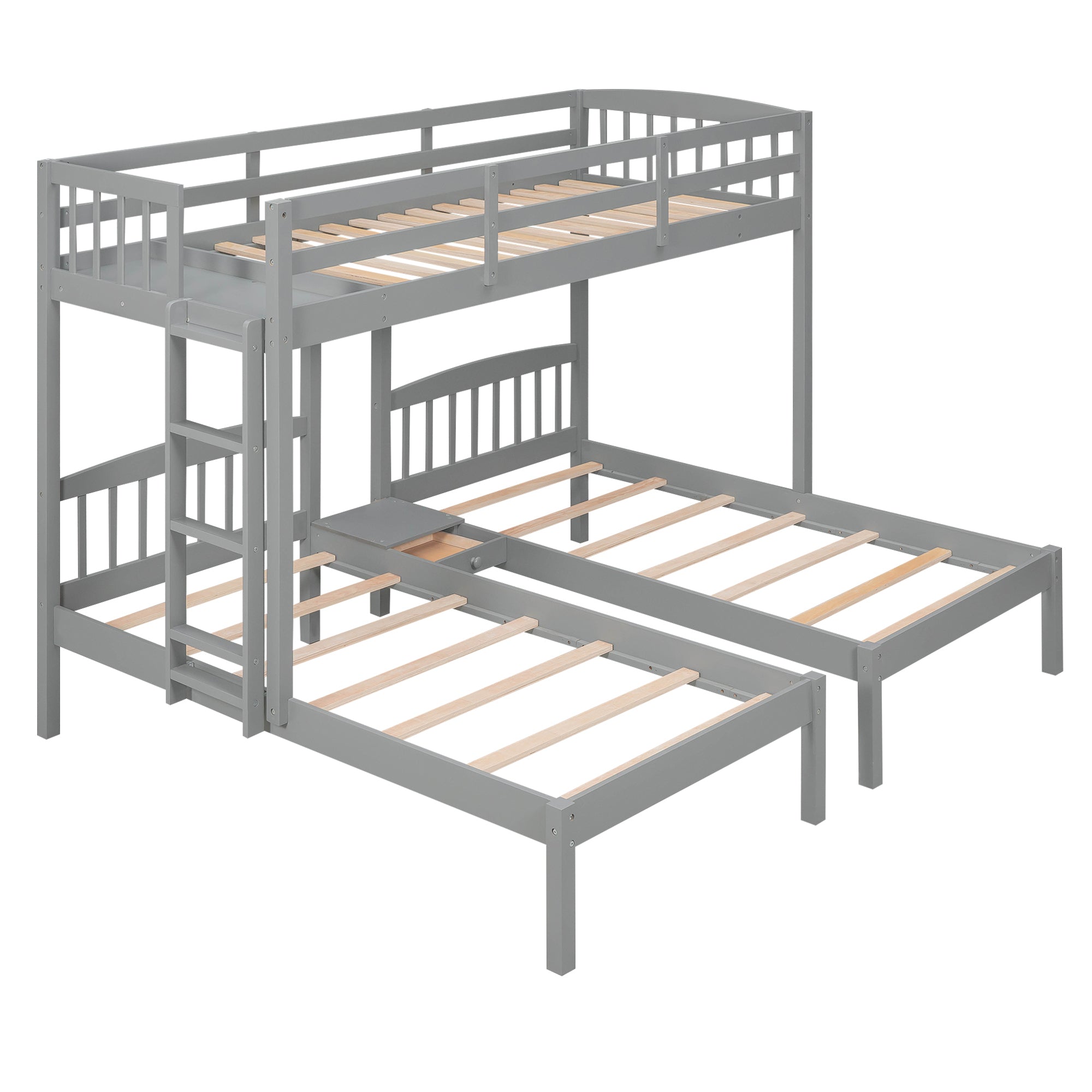 Twin over Twin & Twin Bunk Bed with Built-in Middle Drawer, Gray - Atlantic Fine Furniture Melbourne FL