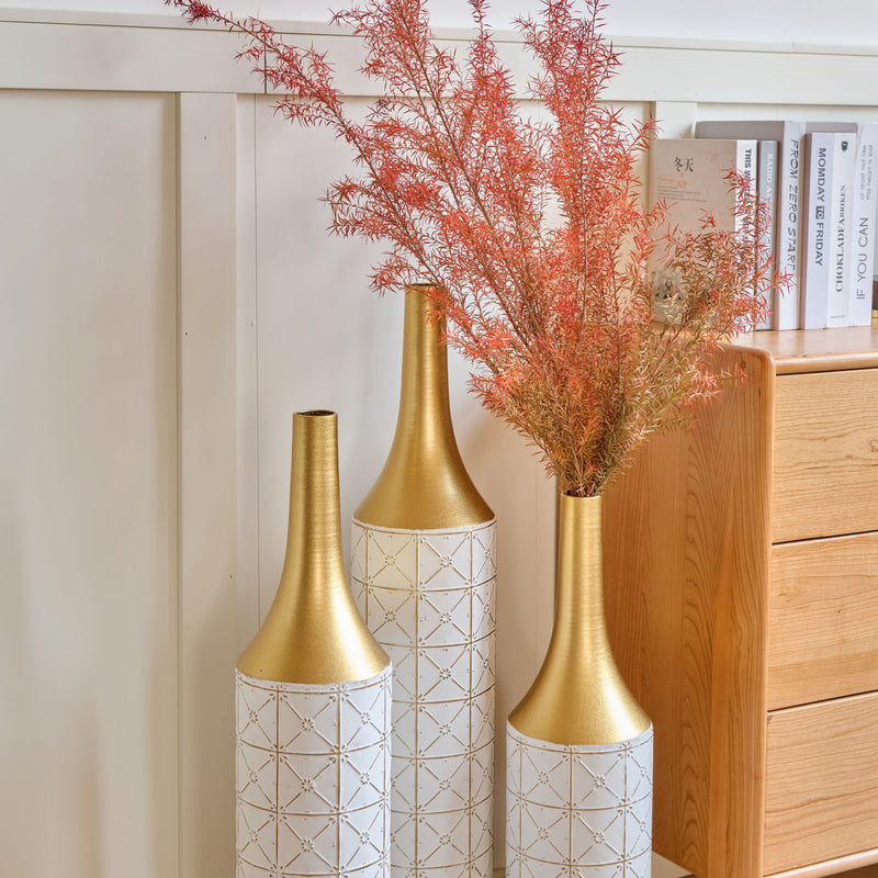 Floor Metal Vases Decorated White Metal Vases (Set of 3) Gorgeous Home Decoration Large Glazed Metal Vases - White / Gold