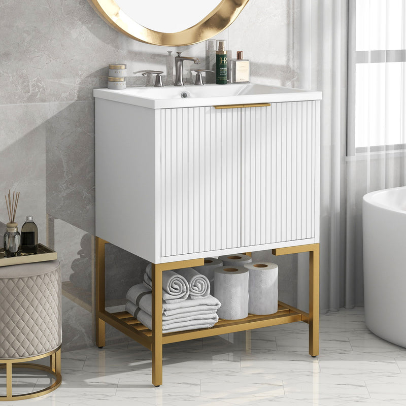 Bathroom Vanity With Sink, Bathroom Vanity Cabinet With Two Doors And Metal Frame, Open Storage Shelf - White / Gold