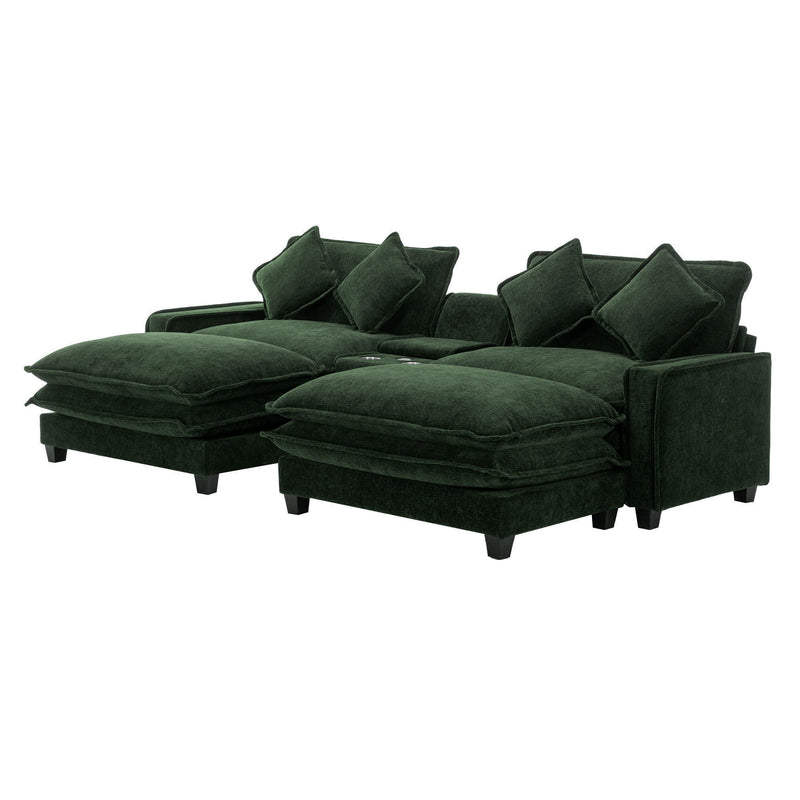 Sectional Sofa Chenille Upholstered Sofa With Two Removable Ottoman, Two USB Ports, Two Cup Holders And Large Storage Box For Living Room