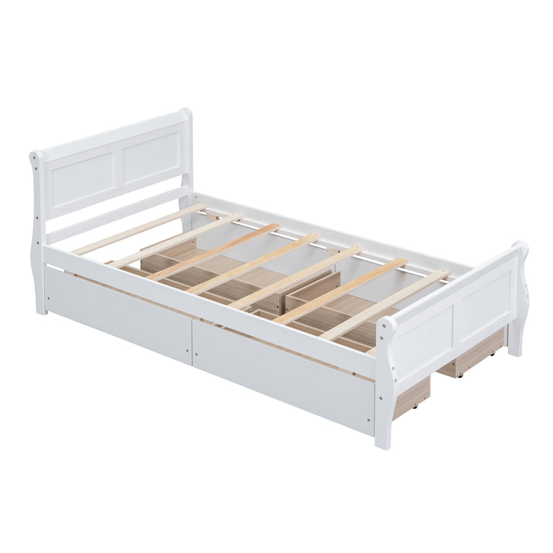 Twin Size Wood Platform Bed with 4 Drawers and Streamlined Headboard & Footboard, White