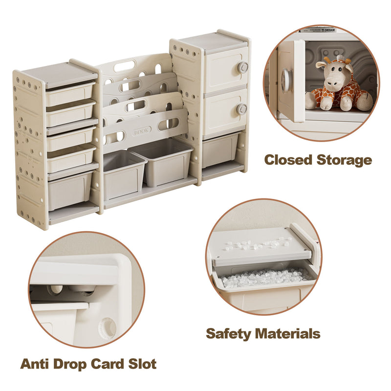 Kids Toy Storage Organizer With 8 Removable Toy Bins, 4 Tier Bookshelf, And 2 Cabinet Storage - Gray / Ivory