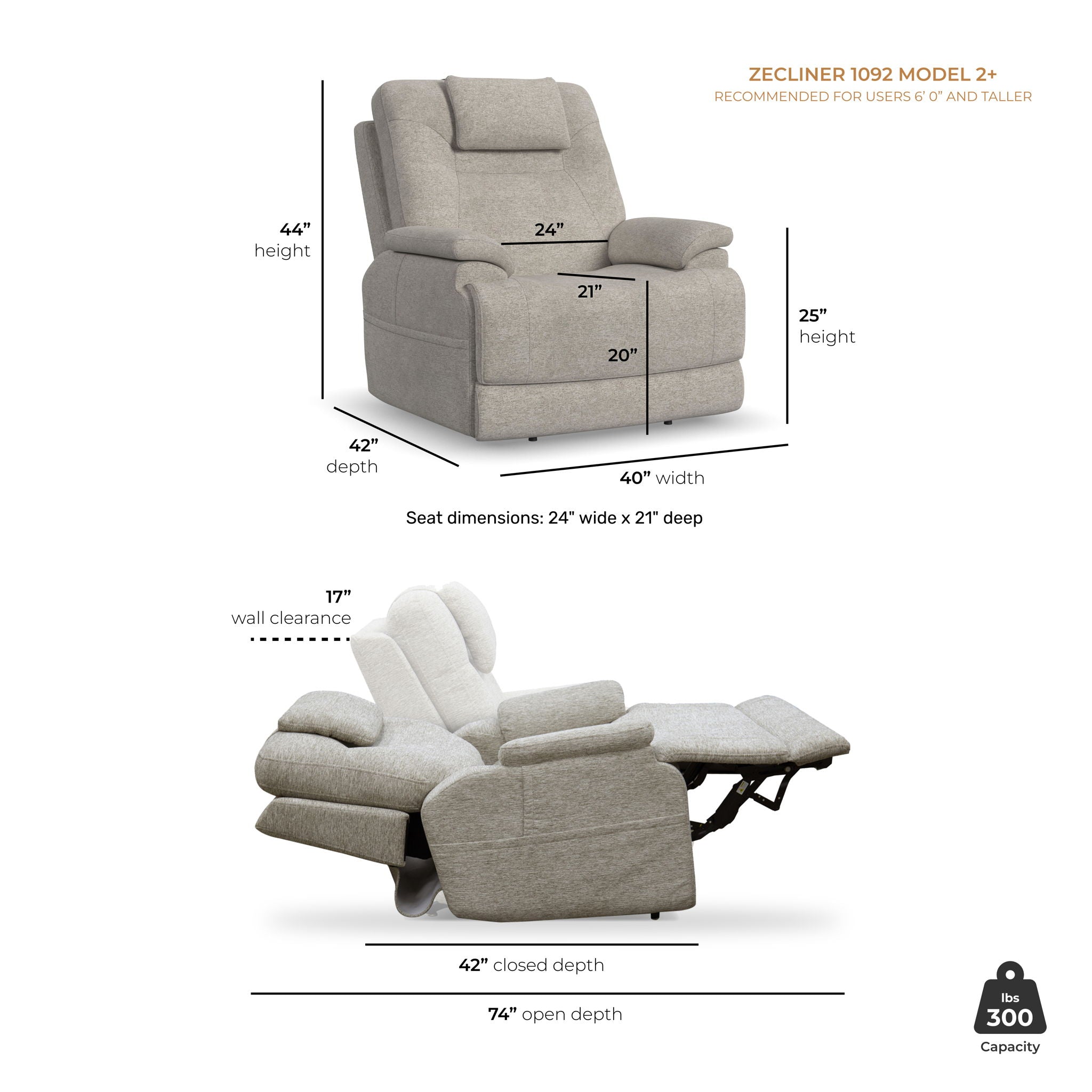 Zecliner Model 2+ - Power Lift Recliner With Power Headrest, Lumbar, Heat & Massage