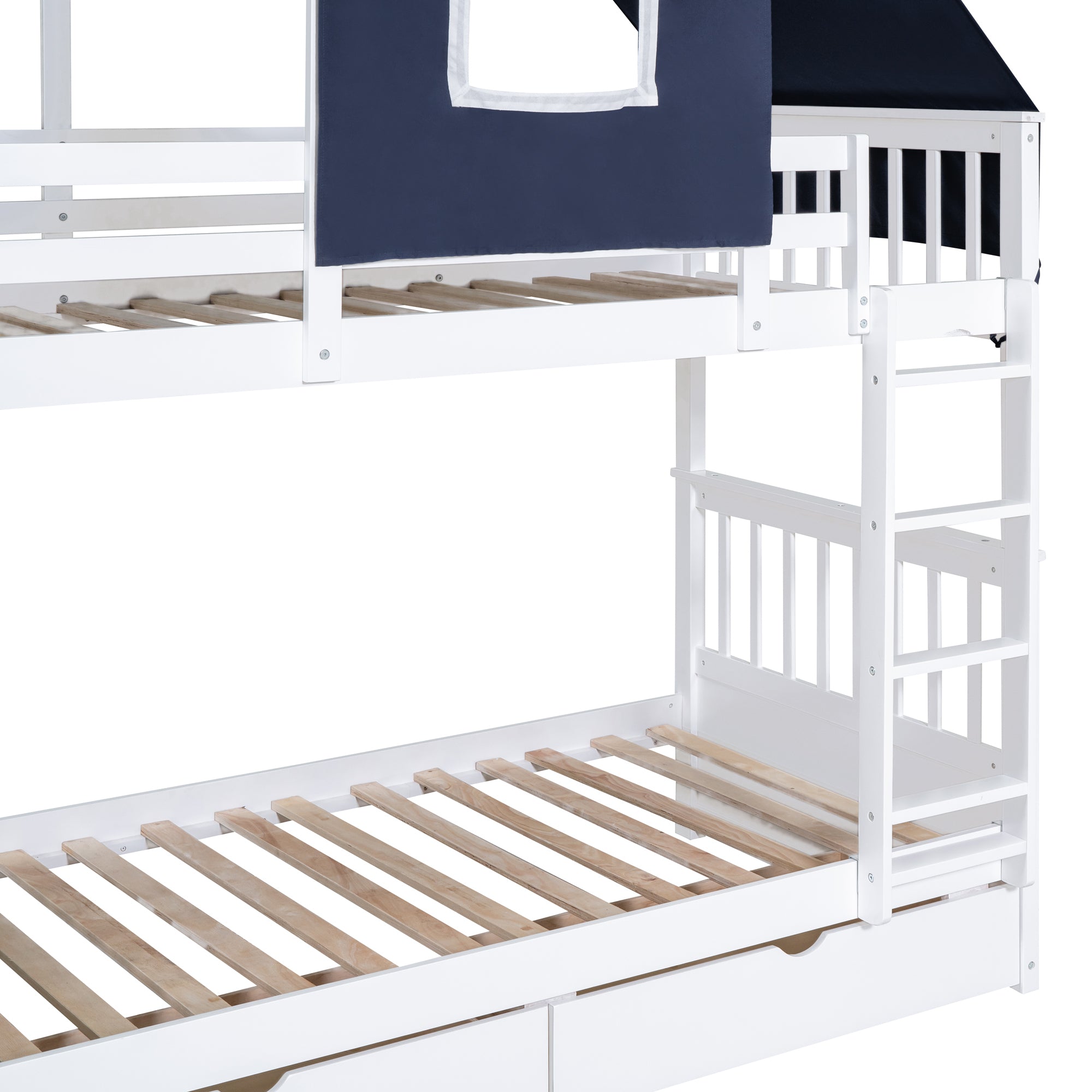 Twin Over Twin Bunk Bed Wood Bed with Tent and Drawers, White+Blue Tent - Atlantic Fine Furniture Melbourne FL