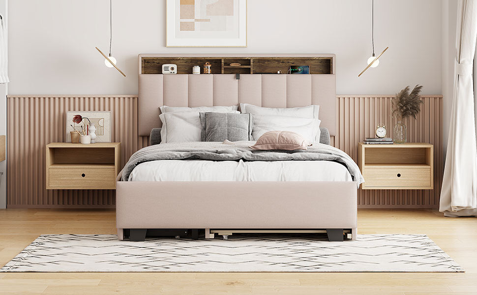 Full size Upholstered Platform Bed with Storage Headboard, Twin Size Trundle & 2 drawers and a set of Sockets & USB Ports, Linen Fabric, Beige - Atlantic Fine Furniture Melbourne FL
