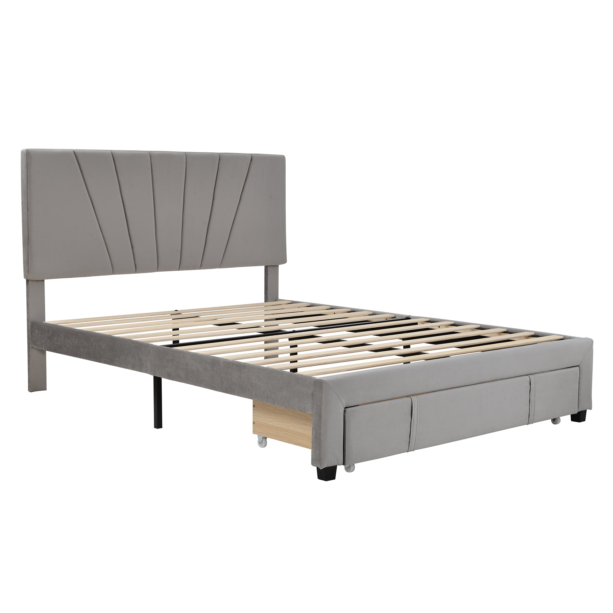 Queen Size Storage Bed Velvet Upholstered Platform Bed with a Big Drawer - Gray - Atlantic Fine Furniture Melbourne FL