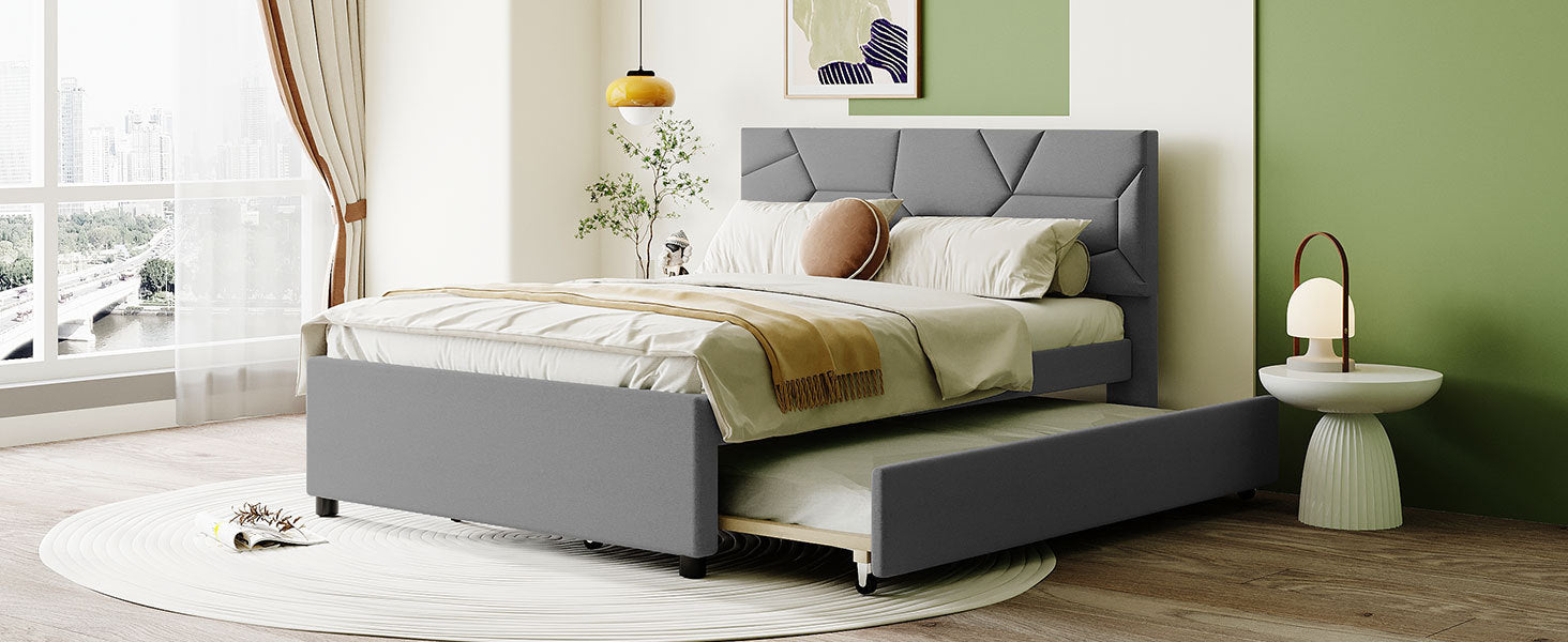 Full Size Upholstered Platform Bed with Brick Pattern Headboard and Twin Size Trundle, Linen Fabric, Gray - Atlantic Fine Furniture Melbourne FL