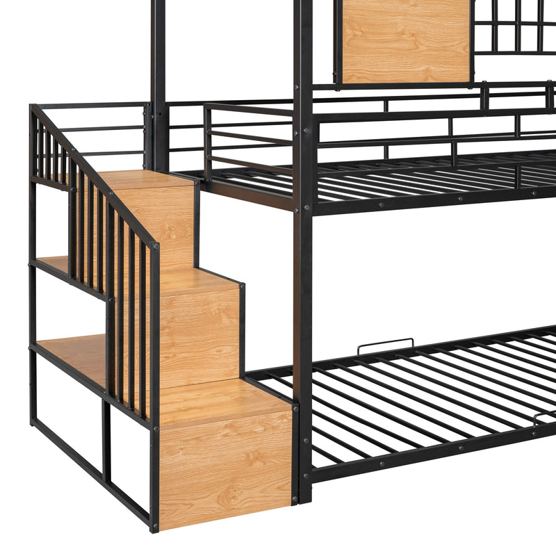 Metal Bunk Bed, Metal Housebed With Slide And Storage Stair