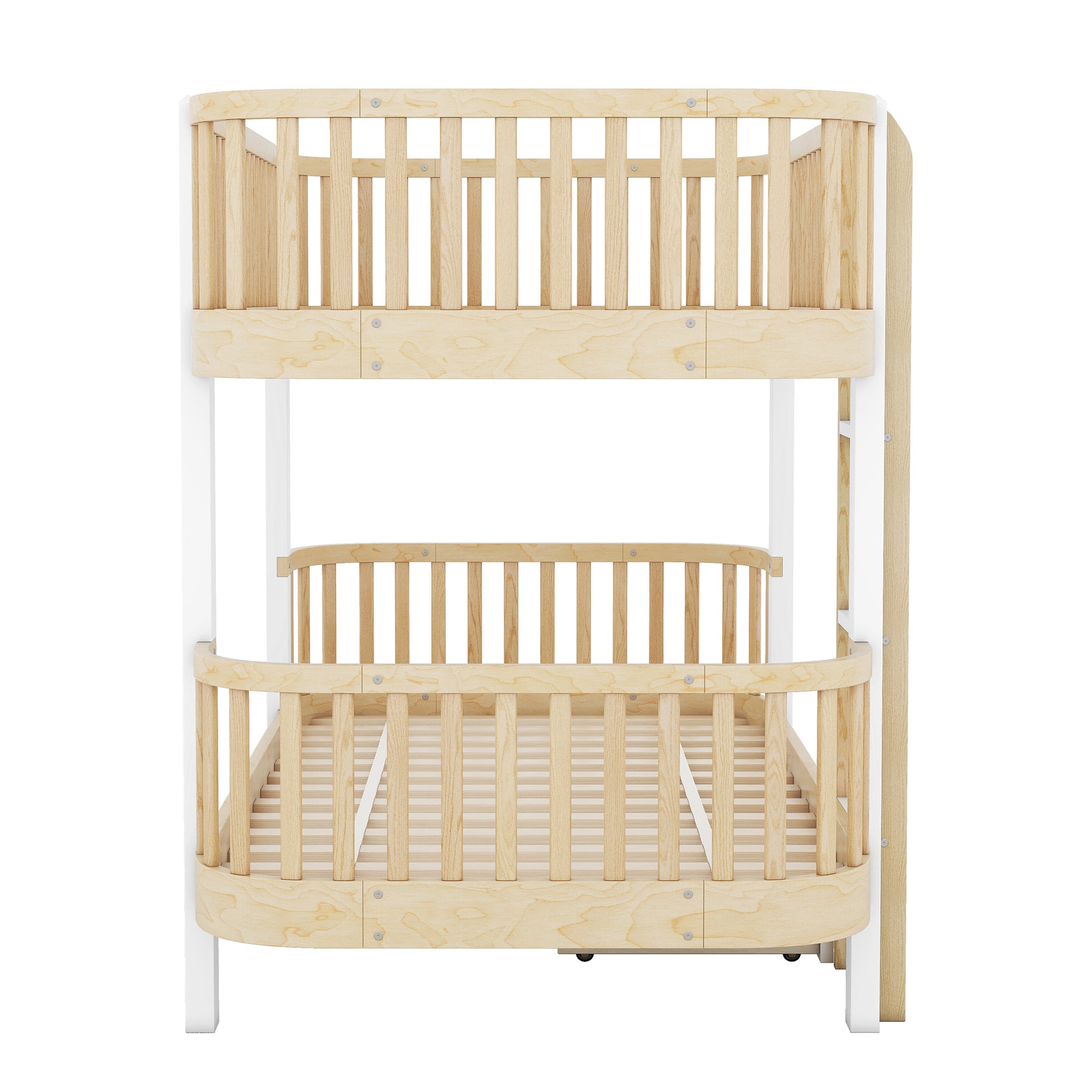 Wood Twin over Twin Bunk Bed with Fence Guardrail and a Big Drawer, Natural White - Atlantic Fine Furniture Melbourne FL