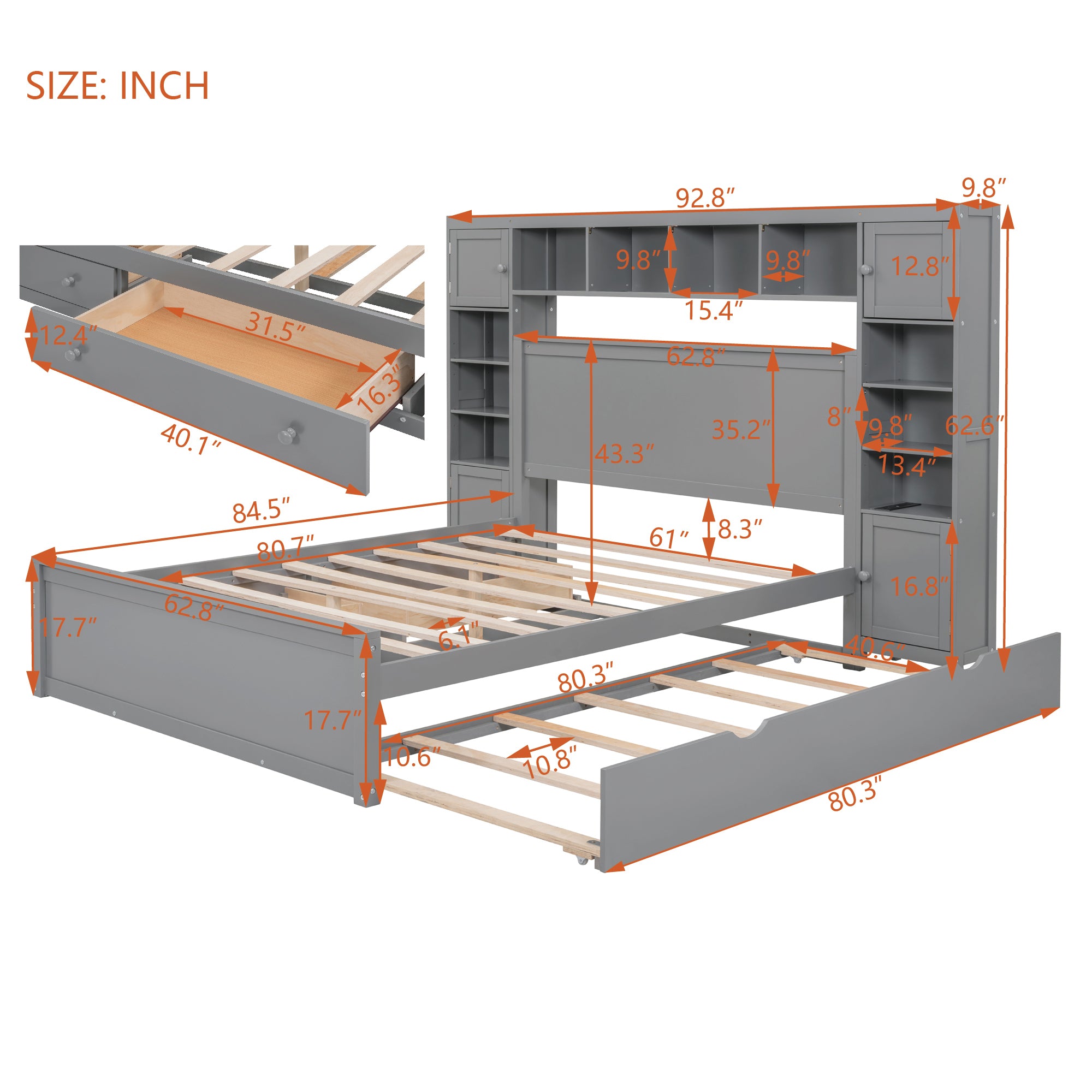 Queen Size Wooden Bed With All-in-One Cabinet, Shelf and Sockets, Gray - Atlantic Fine Furniture Melbourne FL