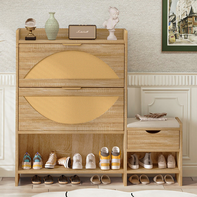 Shoe Storage Cabinet Rattan Shoe Storage Organizer With 2 Flip Drawers, A Storage Drawer And A Bench For Entryway, And Hallway - Light Brown