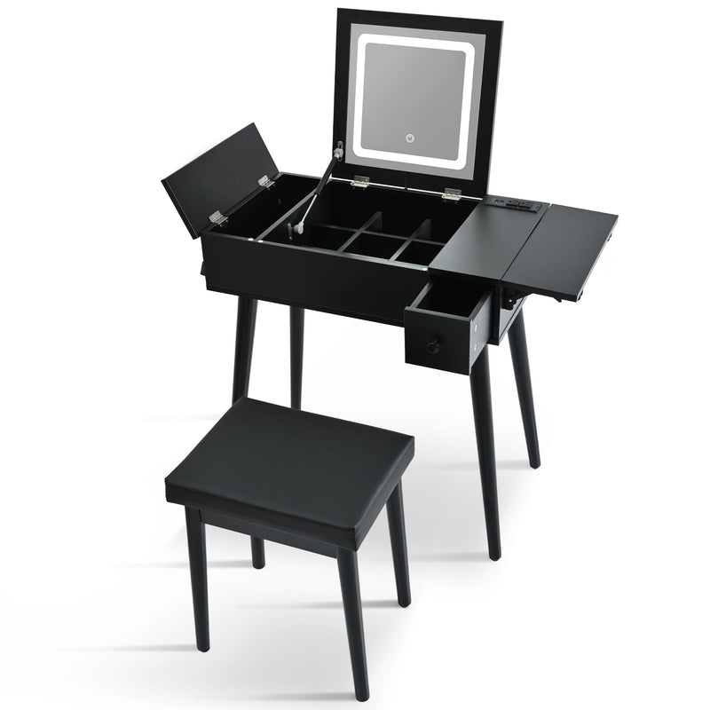 Makeup Vanity Desk With Flip Top Mirror And LED Light, Dressing Table With Charging Station, 2 Drawers And Fold Up Panel, Vanity Set With Cushioned Stool For Bedroom - Black