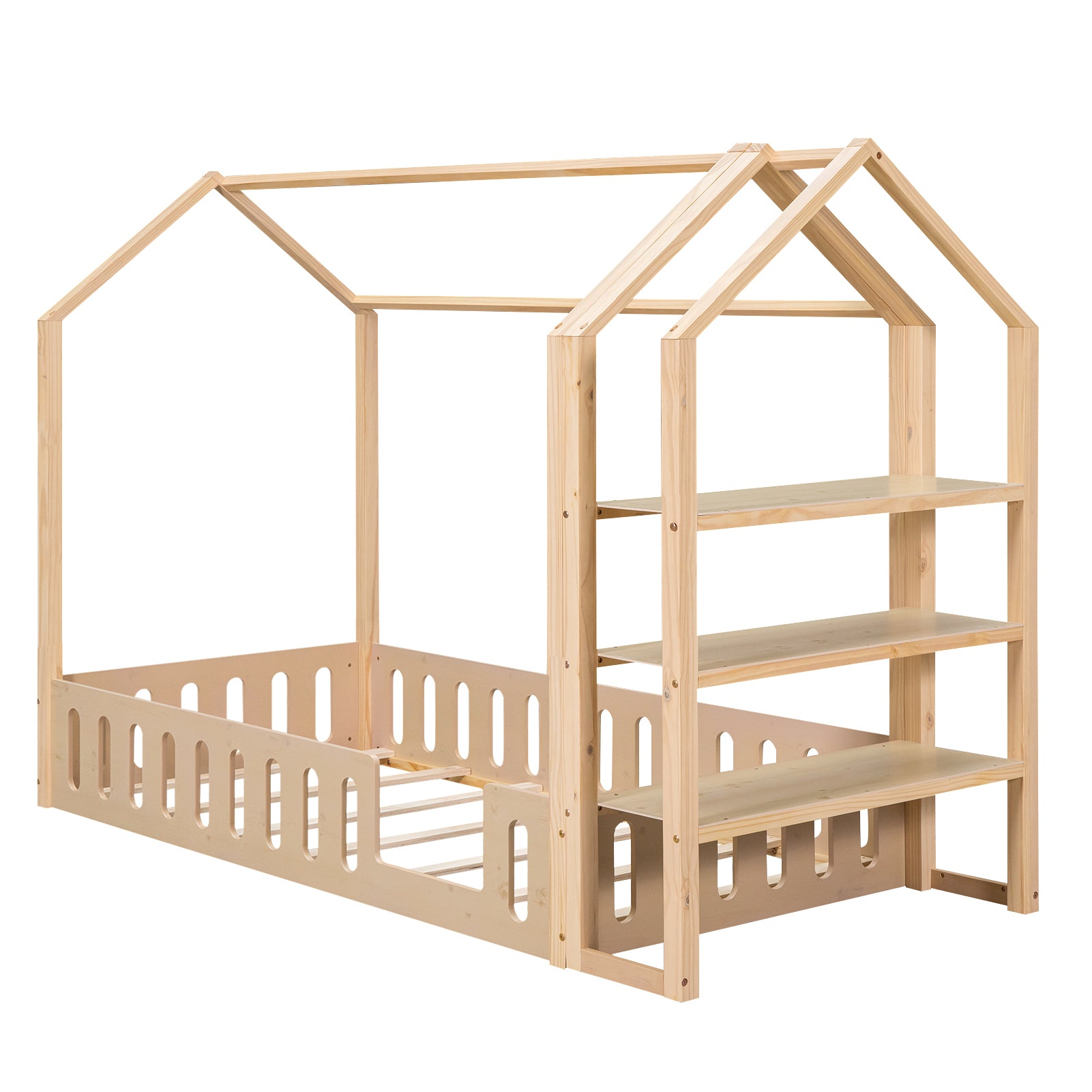 Twin Size Wood House Bed with Fence and Detachable Storage Shelves, Natural - Atlantic Fine Furniture Melbourne FL