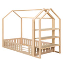 Twin Size Wood House Bed with Fence and Detachable Storage Shelves, Natural
