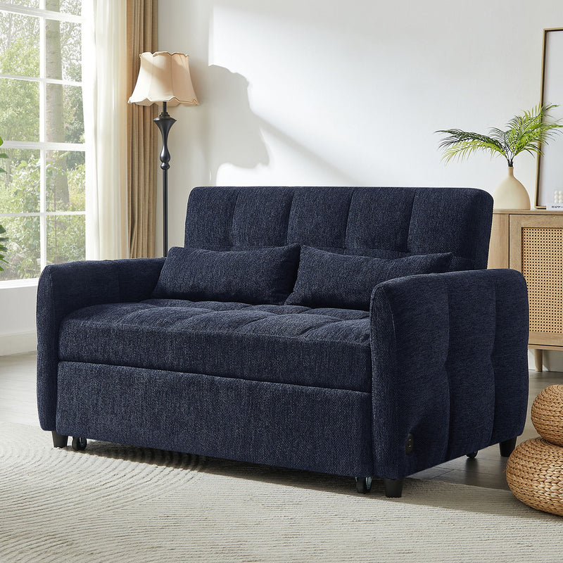 Loveseat Sofa Pull-Out Bed With Adjustable Backrest, 3 USB Ports And 2 Lumbar Pillows For Living Room