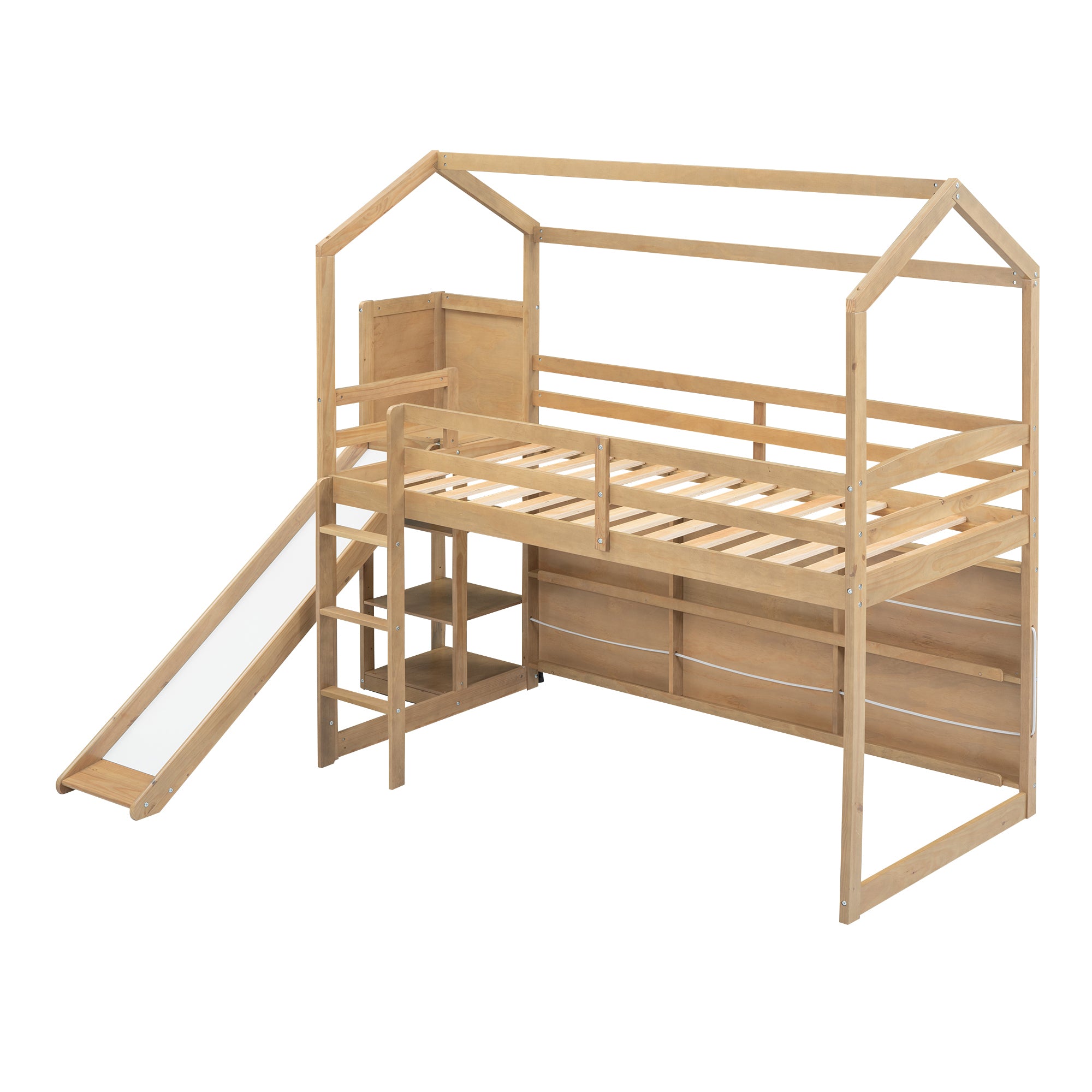 Twin Size Wood House Loft bed with Slide, Storage shelves and Light, Climbing Ramp, Wood Color - Atlantic Fine Furniture Melbourne FL