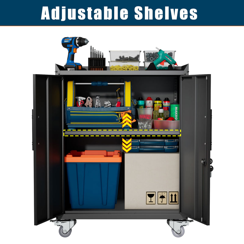 2 Door Tool Cabinets For Garage, Lockable Garage Storage Cabinet, Locking Storage Cabinet With Wheels, Rolling Tool Chest - Black