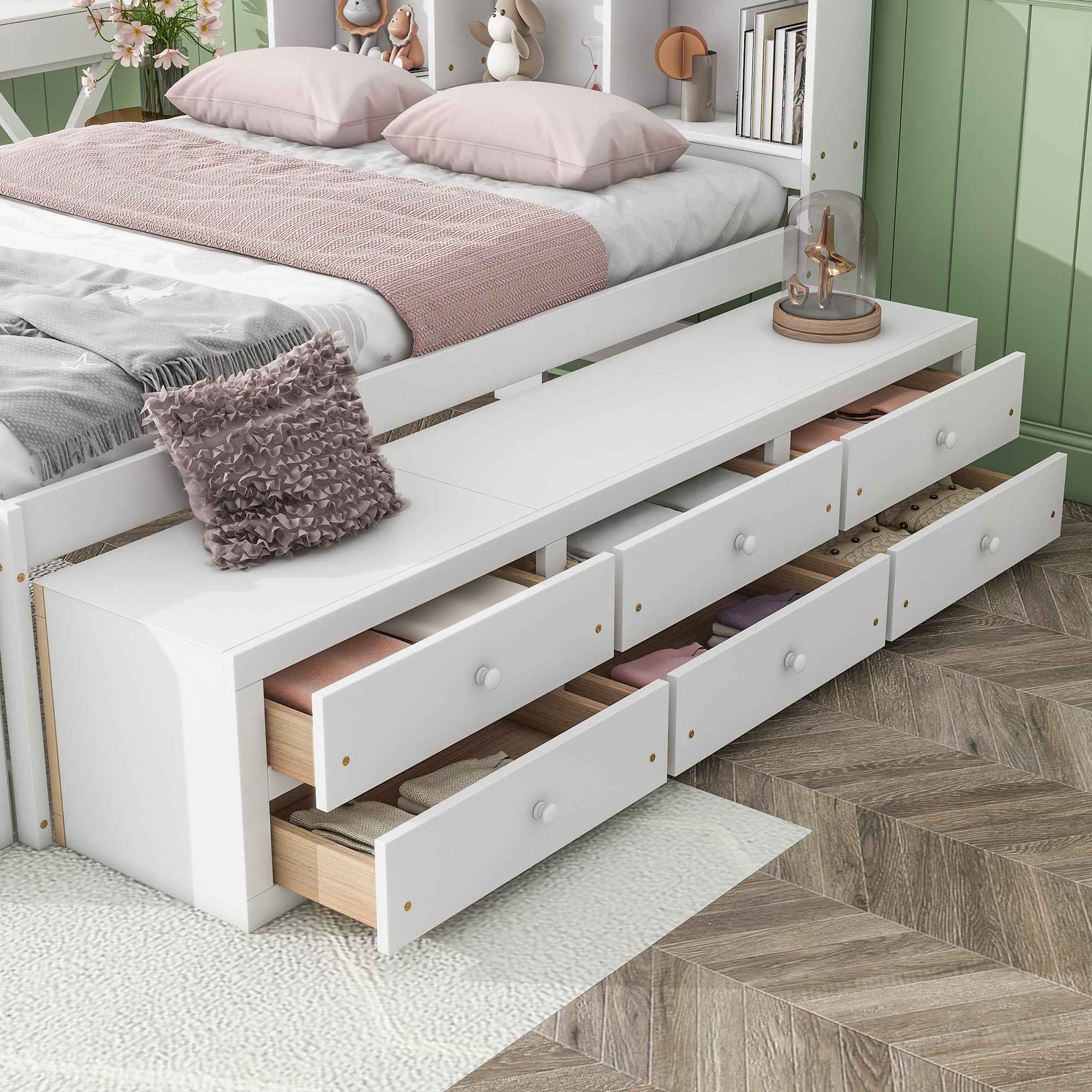 Full Bed with Bookcase Headboard, Under bed Storage Drawers and Bed End Storage Case,White