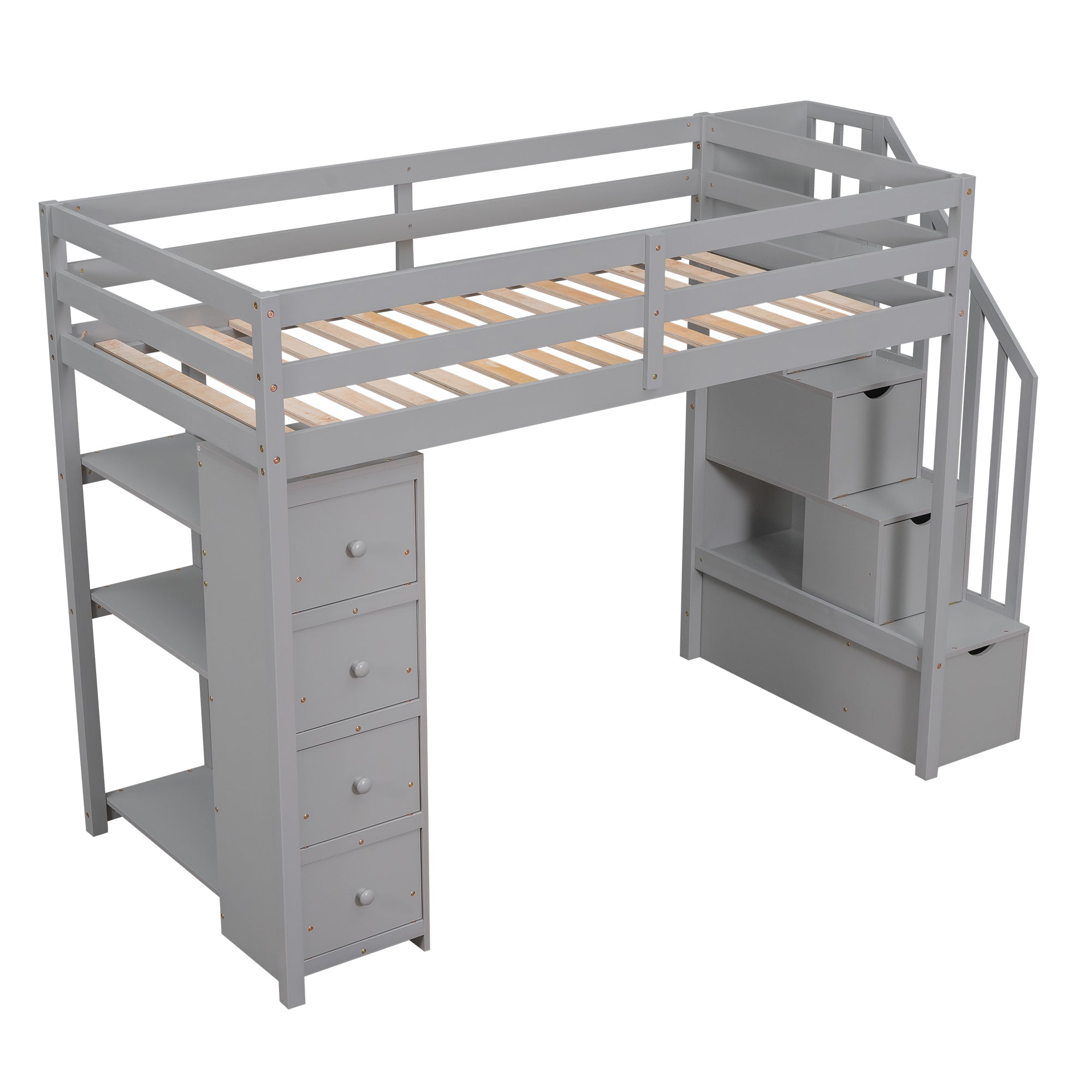 Twin size Loft Bed with Storage Drawers and Stairs, Wooden Loft Bed with Shelves - Gray - Atlantic Fine Furniture Melbourne FL